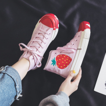  Strawberry canvas shoes womens 2021 spring new student Korean version ulzzang graffiti maple leaf all-match ins board shoes tide