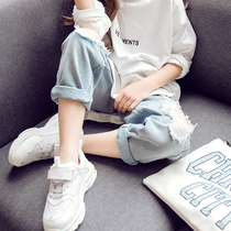Girls  jeans spring and autumn 2021 new Korean version of the big childrens autumn clothes foreign style fashionable hole pants girls trousers tide