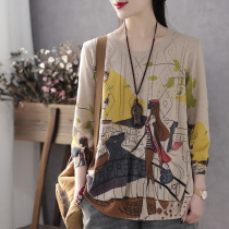 Han Suoyi Retro Art Spring Turtleneck Loose Crewneck Seven-point Sleeve Backing Shirt Wearing Printed Wool Knitted Shirt Women