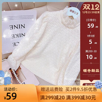 Girls bottoming shirt winter 2022 new foreign style childrens solid color lace small high collar plus velvet thickened top tide