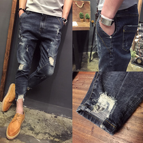 Breaking hole jeans men slim feet mens ankle-length pants summer thin beggar pants scraped Sten Tide brand pants handsome