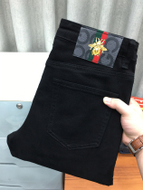 SyingLee jeans mens winter pure black business straight large size casual pants all-match slim elastic trousers