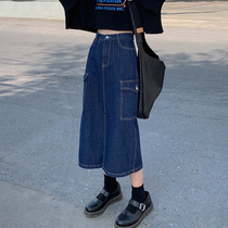 Red Hall denim skirt women 2021 summer new long high waist loose split big pocket skirt tide