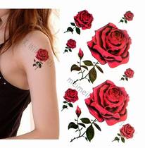 Tattoo Patch Waterproof Female Persistent Red Rose Flowers Sexy Seductive Chest Ankles Wrist Colorful Ins