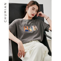 Early cotton retro character oil painting print gray T-shirt women loose cotton brown t-shirt Dark gray short-sleeved T-shirt