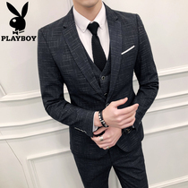 Playboy suit suit mens suit body Korean style groom wedding dress large size casual plaid formal dress