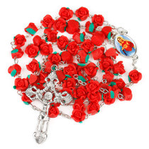 Soft Clay Rosary Necklace of the Virgin Mary red rose Rosary Necklace