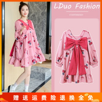 Gestational woman dress small child dress 2021 autumn winter pink cherry printed foreign gas loose with big code sweet and pregnant woman dress