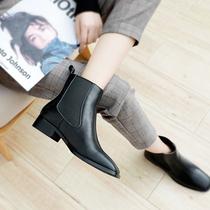 Chelsea booties womens spring and autumn 2021 new thick-heeled flat soft cowhide square head wild British style Martin boots