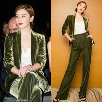 Stars Same Autumn Winter Green Gold Velvet Suit Suit Womens Body Temperament West Suit Broadlegged Pants Trendy Two Sets