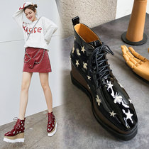 Embroidered muffin boots women 2021 autumn and winter Joker leather Martin boots lace-up casual slope heels raised naked boots high heels