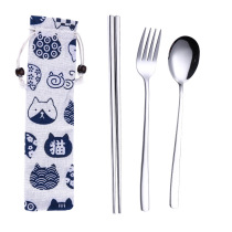 Fork spoon set 304 stainless steel European style creative cute environmental protection chopsticks Fork spoon portable bag three-piece set