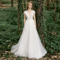 Difanna original one-shoulder deep V lace light wedding dress temperament trailing lawn wedding slim-fit go out light veil woman