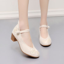 Spring New Old Beijing Cloth Shoes Women Shoes National Wind Embroidered Shoes Strap Slopes Heel Women Single Shoes Bull Gluten Bottom Buckle