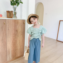 Girls Set 2021 Summer Fashion Pleated Baby Shirt Girls Plaid Short Sleeve T-shirt Childrens foreign style wide leg pants