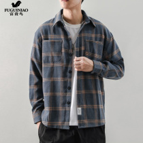 Fugui bird mens plaid shirt autumn and winter mill Mao Han version Trend casual inch-shirt loose outside wearing long sleeve shirt male