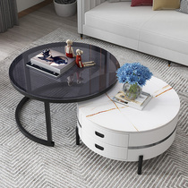 Rock plate round coffee table light luxury modern simple small apartment living room household tea table Nordic tempered glass flower few
