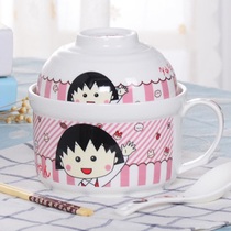Cherry balls creative ceramic instant noodle bowls and chopsticks with lid student lunch box instant noodle bowl with handle anti-scalding set