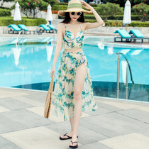 Bikini three-piece swimsuit Female sense of thin steel support gathered printed long skirt Leg length split super fairy fan