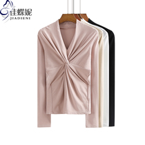 Spring and autumn Korean version of new V-neck long sleeve T-shirt cotton stretch top simple solid color slim