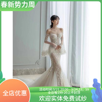 Fan-style light wedding dress 2021 new bridal brief male main wind fish tail small crowdsourced wedding gown dress long sleeves