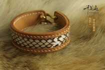 Genuine Leather Pure Hand Sewn Bracelet Glasses Snake Leather Rare Leather Inlay Bracelet Customize Bull Leather Pure Copper Double Hook version
