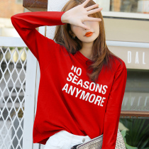 Cotton red long sleeve T-shirt female 2020 new spring coat letters body style Korean students loose base shirt