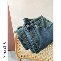 Xiao Xijia) Korean retro blue high-waisted Hyuna female loose straight tube daddy pants pipe casual nine-point jeans