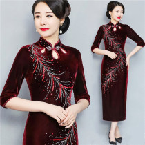 Gold velvet cheongsam womens 2020 new autumn long style wedding dress for married daughter mother Noble foreign style cheongsam