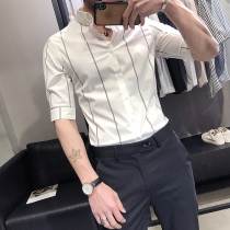 Summer Strip Shirt Men Short Ssleeve Seven-sleeved Men White Shirt Hairdresser Mens Clothing