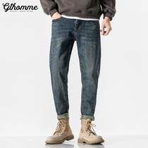 Autumn new mens jeans slim Korean trend small feet trousers Joker youth casual pants mens thick style