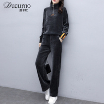 Ducurno Autumn Winter New Fashion Light Core Suede Casual Sports Suit Woman Loose Sweatshirt Broadlegged Pants Two-piece Set