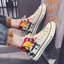 Tide brand mens shoes 2020 new breathable canvas trendy shoes high board shoes Net red trend wild hand painted graffiti cloth shoes