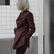 Z boss RO wine red thin neck mid-length blazer womens spring and summer wool slim dovetail suit