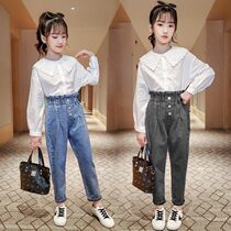 Spring and Autumn Childrens Jeans White Shirt Two Piece Set Womens Spring Clothes Girls 13-year-old Spring Dress A Large Size