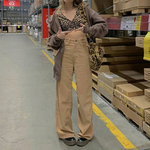 H home European and American street style casual solid color basic corduroy trousers women high waist retro straight Joker wide leg pants