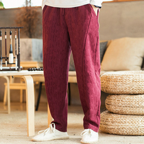Spring and Autumn Chinese style mens loose Tang suit linen large size pants straight casual pants Chinese hemp pants wine red