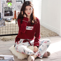 Homewear autumn long sleeve Korean version fresh can be worn outside the student spring and autumn new pajamas womens autumn cotton crew neck casual