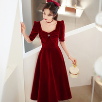 Toast Bride 2021 New Autumn Velvet Bow Engagement Home Red Dress Little Dress