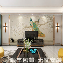Chinese ink landscape TV background wall living room wallpaper magnolia flower and bird plain Peacock sofa film and television Wall mural