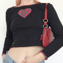 H home style retro ins style Scottish plaid patch love embroidery T-shirt womens long-sleeved undercoat