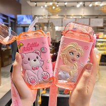 Childrens water glasses straw water cup baby kindergarten girl drinking water jug children go out portable braces square mug