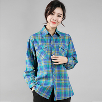 Spring and autumn middle-aged womens shirt Long-sleeved mothers cotton old lady plaid shirt Large size womens casual shirt