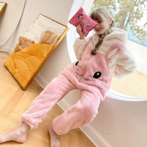 Childrens conjoined pajamas girls autumn and winter thickened flannel girls coral velvet home clothing anti-kick