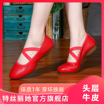 Terry her square dance shoes middle-aged and old flat-bottom mid-heel red dance shoes womens soft bottom summer leather dance shoes