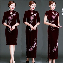 Hand-beaded gold velvet cheongsam water drop collar Middle-aged cheongsam dress Happy mother-in-law wedding wedding dress