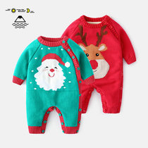 Japanese purchase spot newborn knitted plus velvet jumpsuit elk Christmas clothes warm festive full moon winter cute