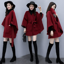 Hairy cloak coat women autumn and winter bat type Hepburn wind loose wool double-sided tweed coat long shawl