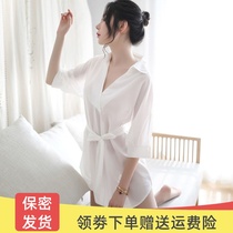 White Lady mood summer thin shirt boyfriend wind shirt spring and autumn sexy pajamas long ice silk nightgown
