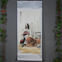 New Chinese style framed calligraphy painting in the hall painting celebrity hanging painting Chinese painting rural lobby decoration painting girl leaning on the wooden yellow dog